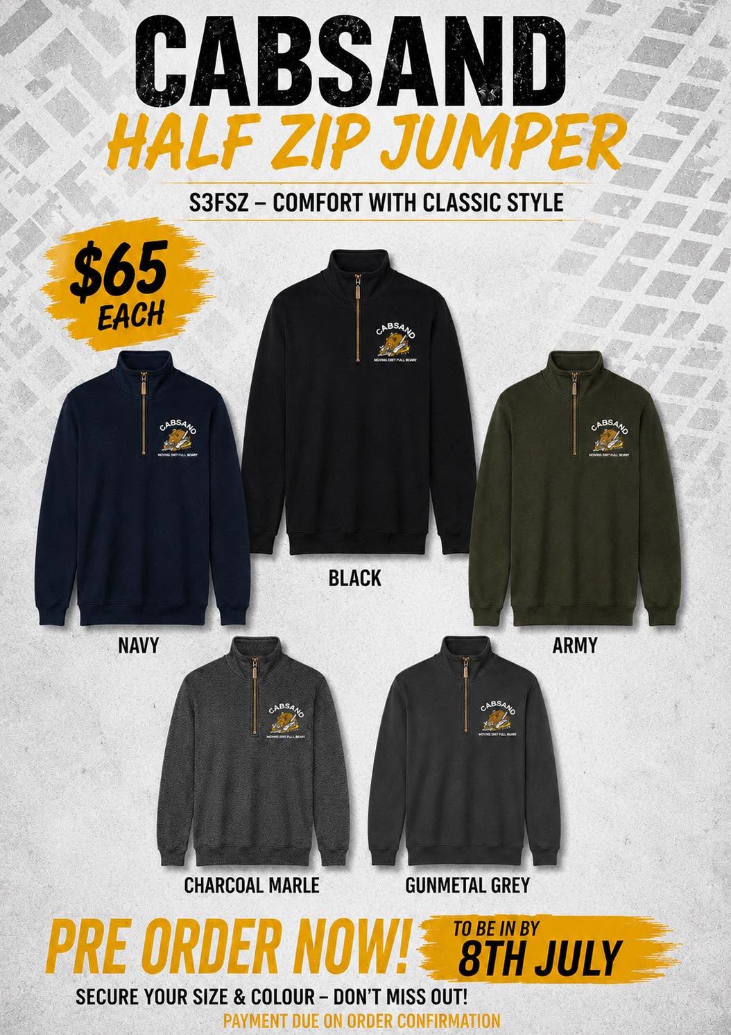 CABSAND half zip jumpers in five colours with the boar embroidered on the chest