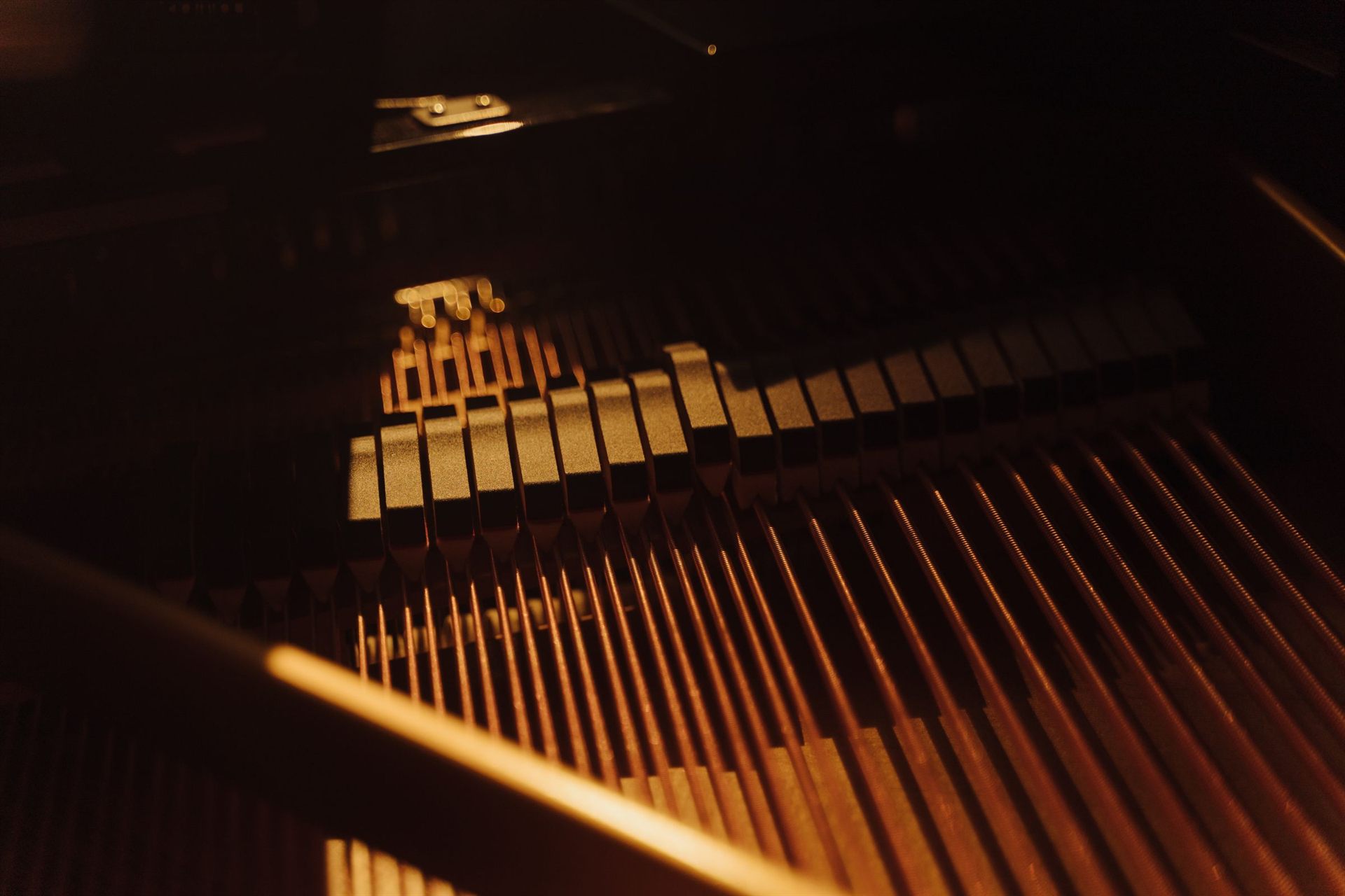Piano strings and hammers in warm low light