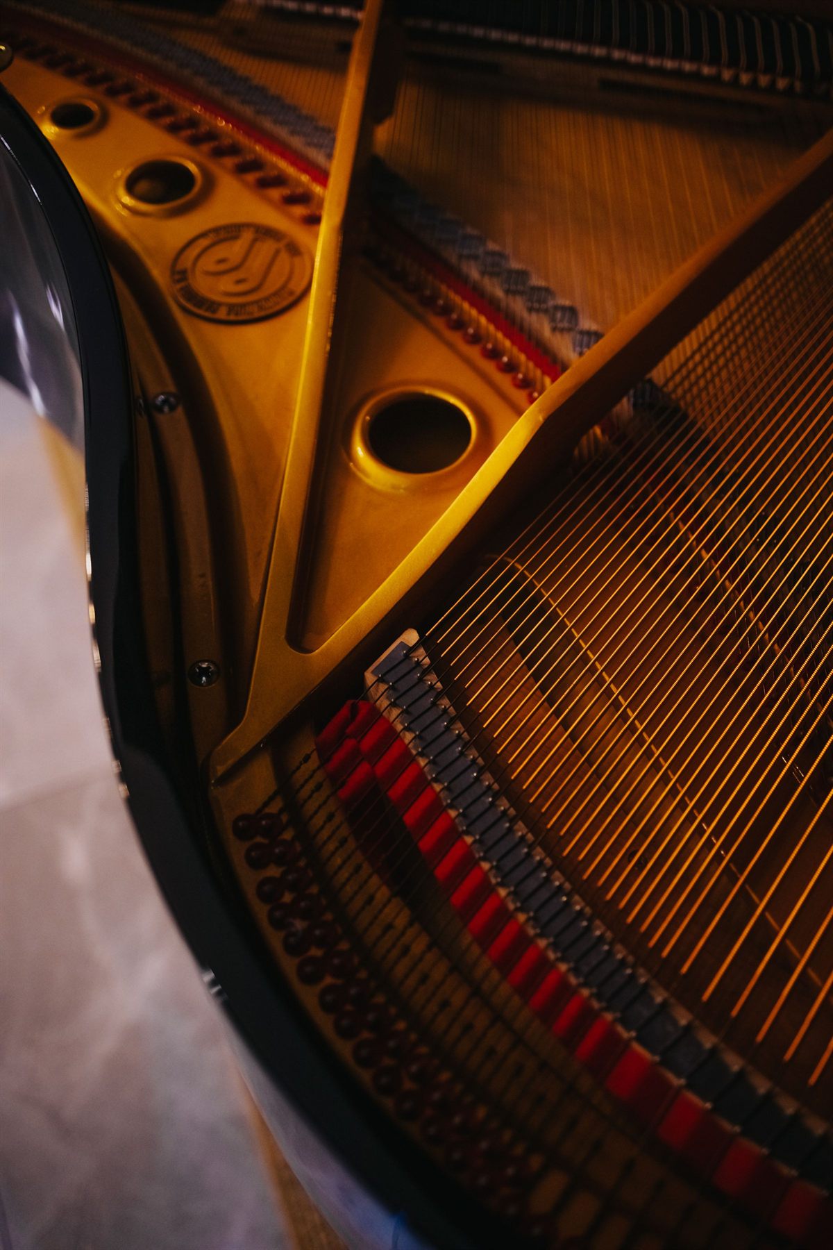 The gold cast plate and strings inside a grand piano