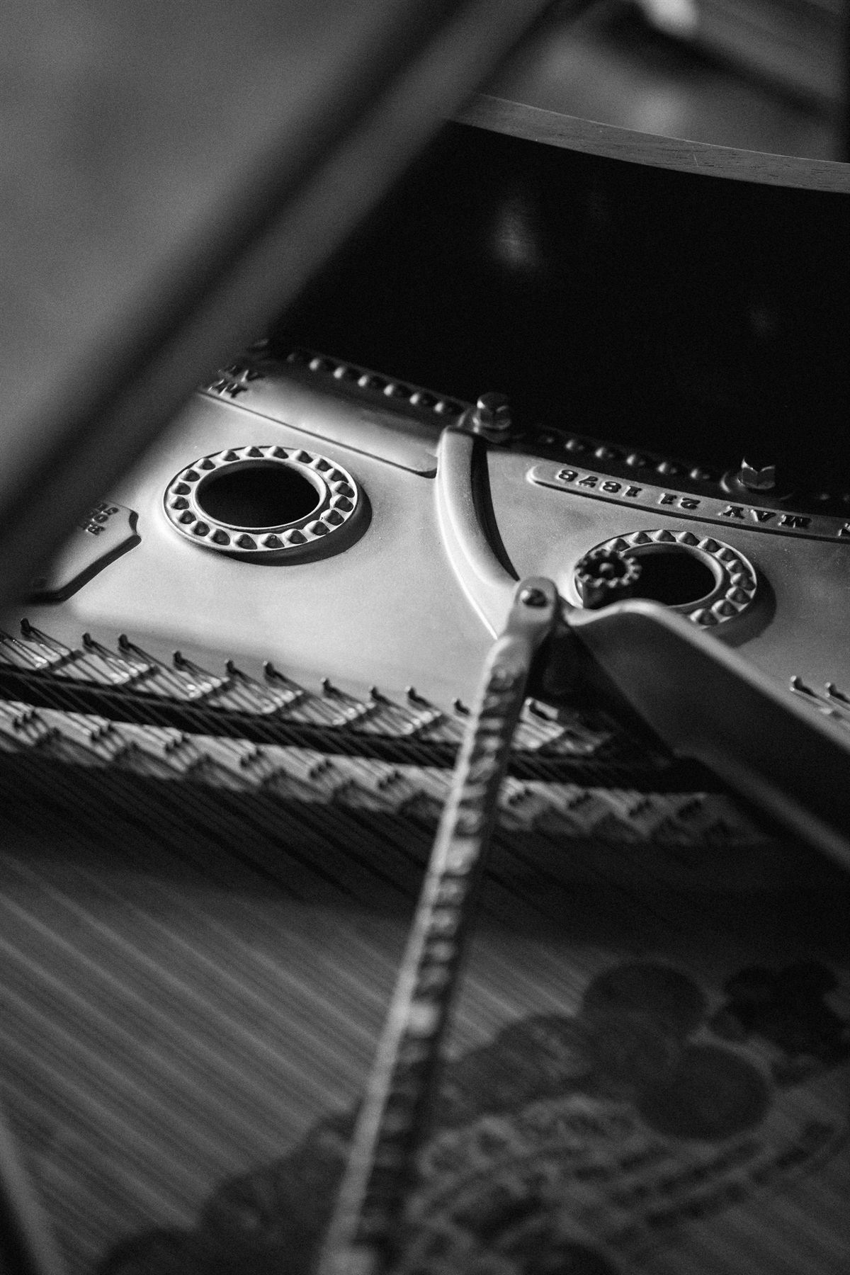 Tuning pins and plate detail in black and white