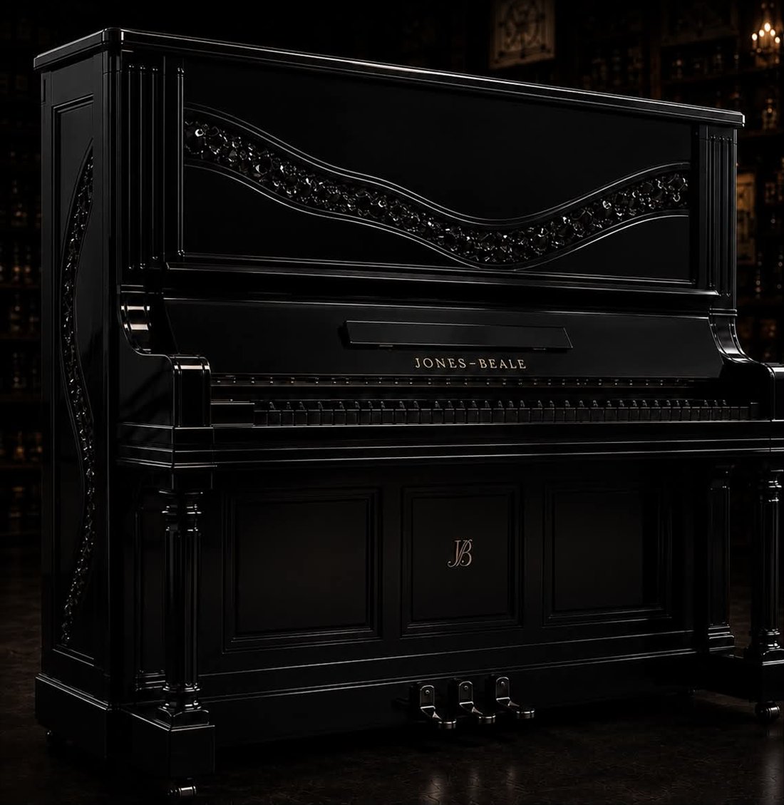 The Black Swan: a mirror-black Jones Beale upright with a wave of black crystal set into its panels and a gold monogram, in a candlelit library