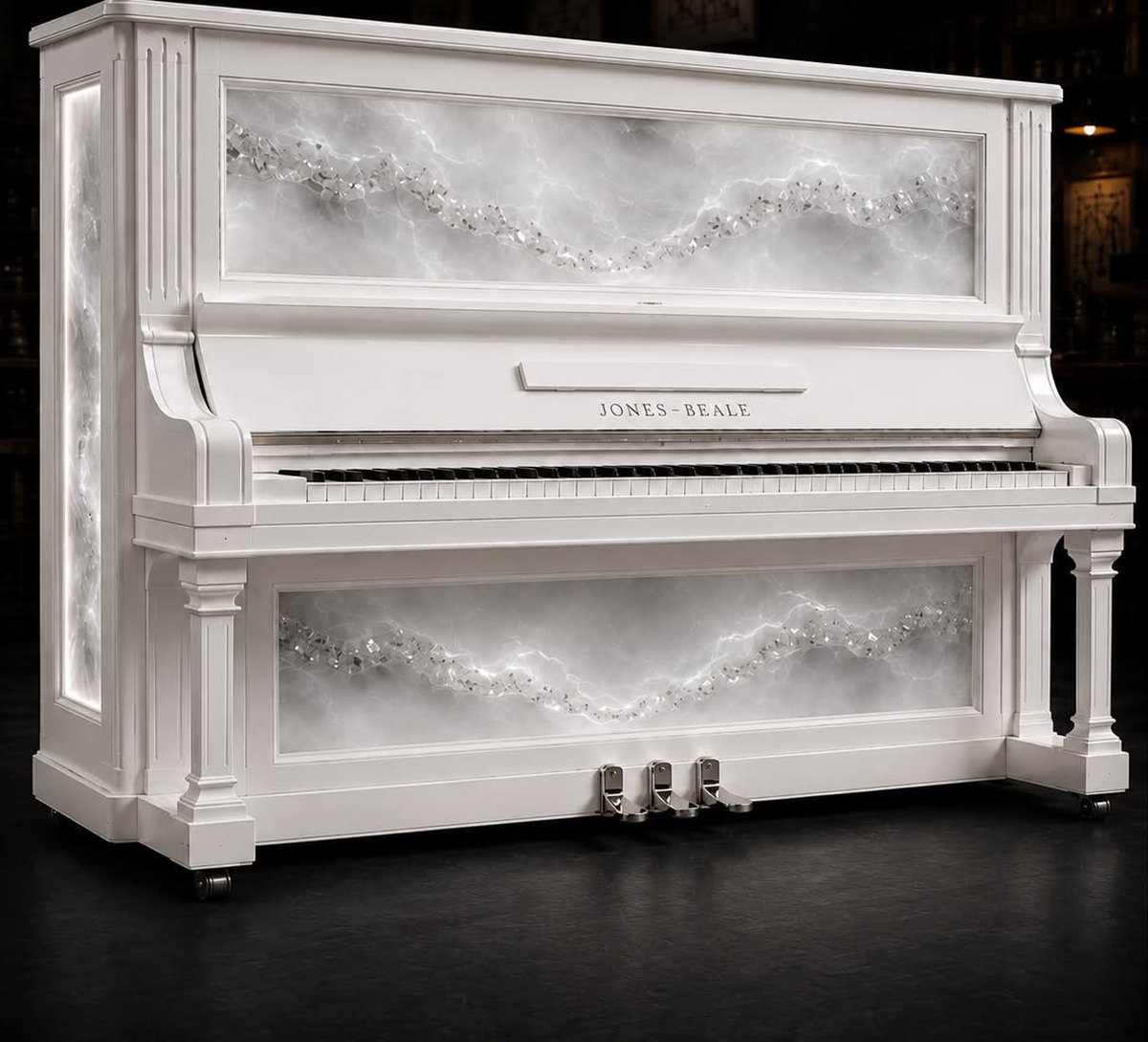 The Ghost: a white upright piano with panels of pale resin lit from within